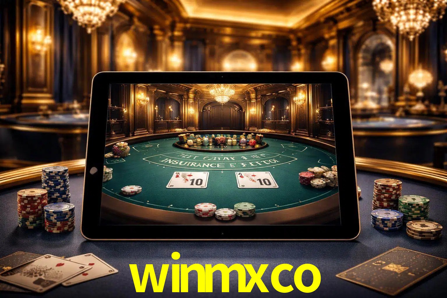 Configuración moderna de casino en vivo con una tableta mostrando una mesa de blackjack, luces cálidas de estudio y una atmósfera elegante de juegos digitales.