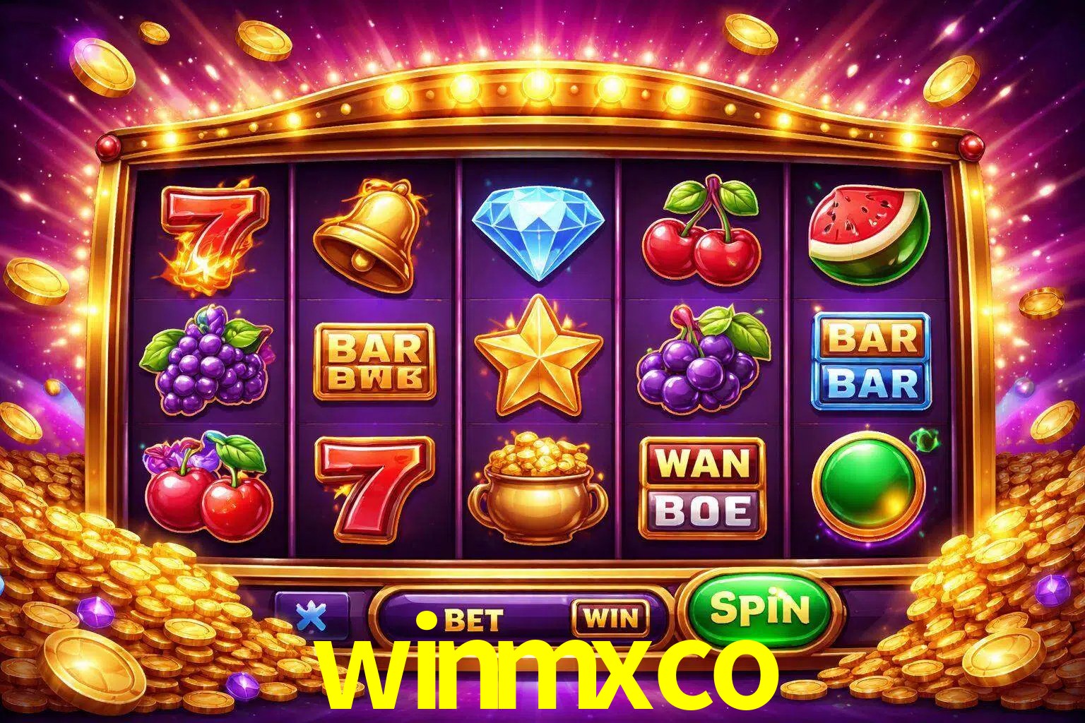 Una interfaz colorida de tragamonedas en línea con símbolos brillantes, monedas y un efecto de victoria celebratoria en winmxco.