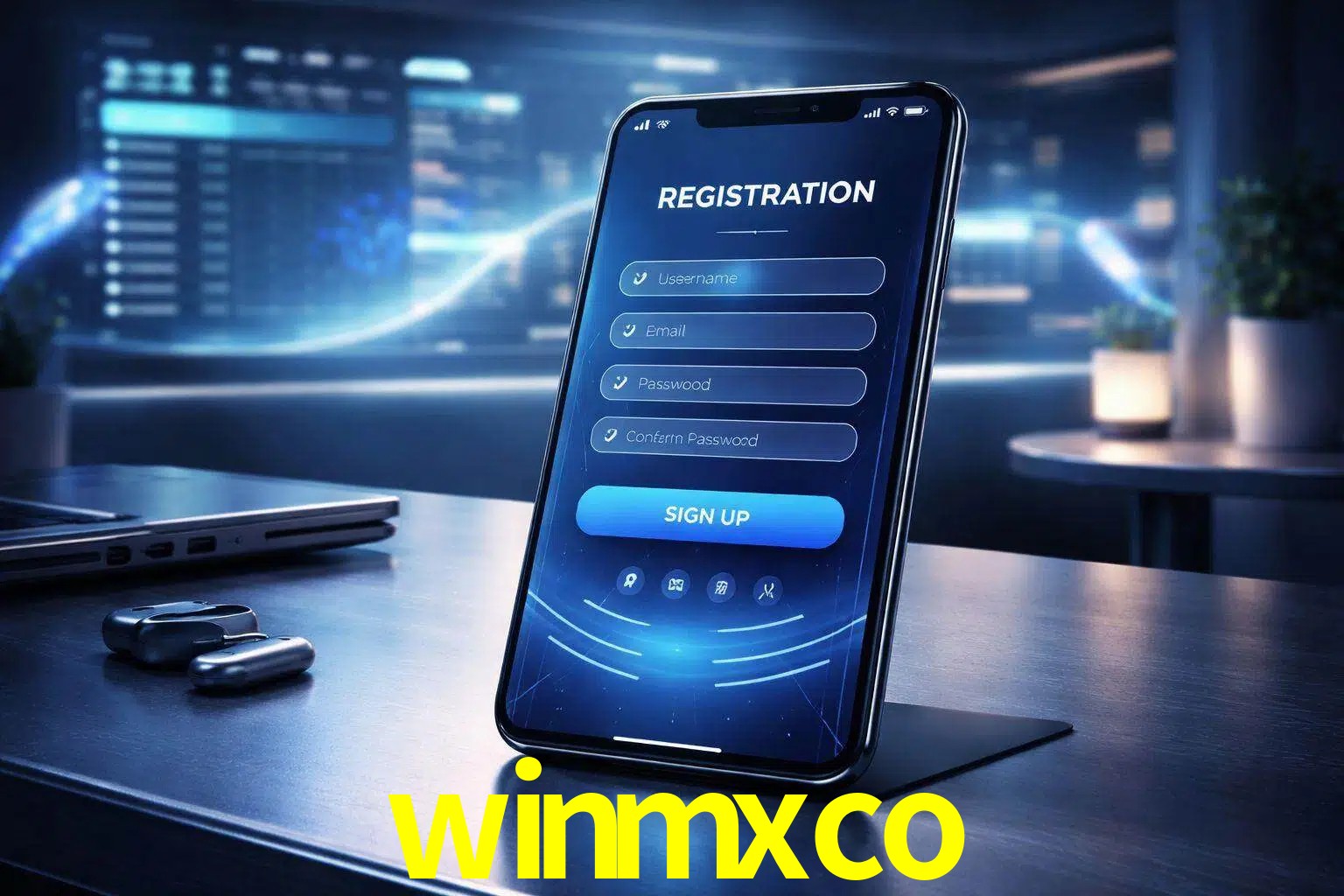 Una interfaz moderna de registro móvil para winmxco mostrada en un smartphone con un panel de apuestas elegante.